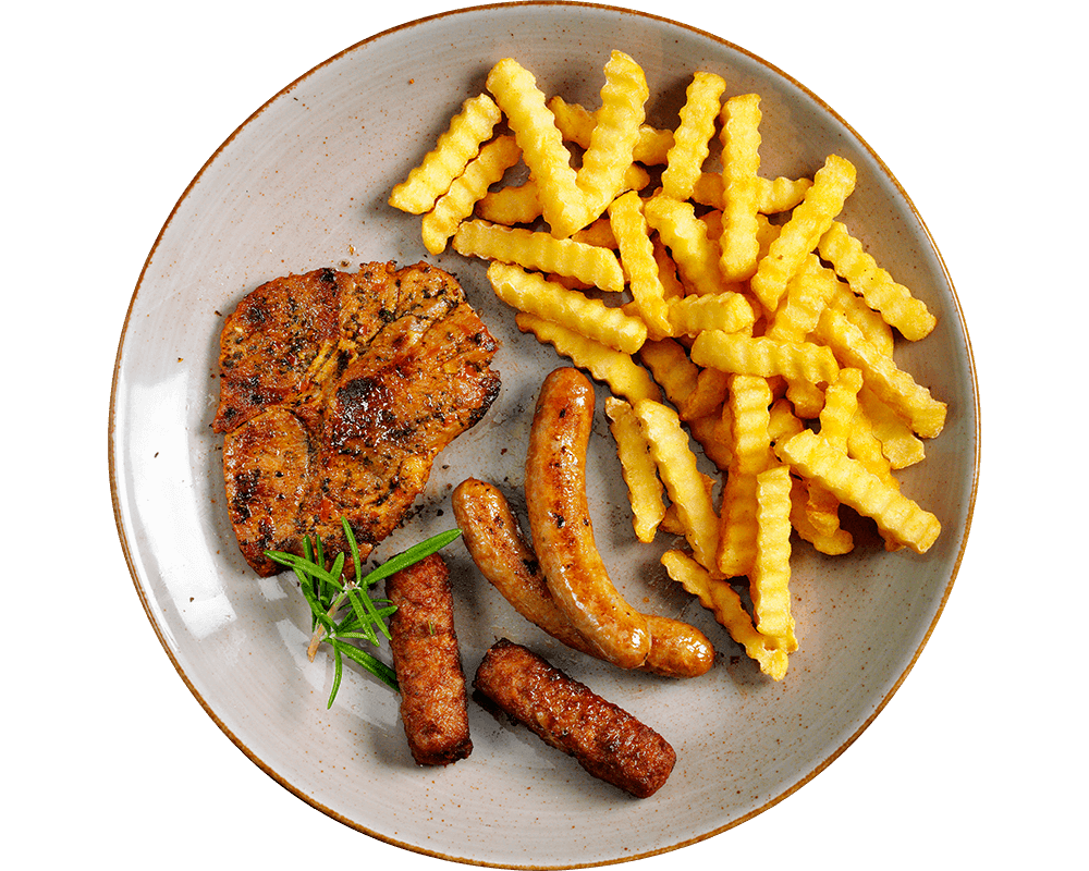 Die Grillplatte von Hofmanns Shop: Crinkle Fries, Grillfleisch, Würstchen & Sticks – purer Fleischgenuss.