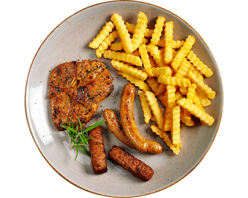 Die Grillplatte von Hofmanns Shop: Crinkle Fries, Grillfleisch, Würstchen & Sticks – purer Fleischgenuss.