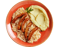 Hofmanns Shop Fränkische Bratwürste auf Sauerkraut, Kartoffelpüree & Petersilie, serviert auf einem roten Teller.