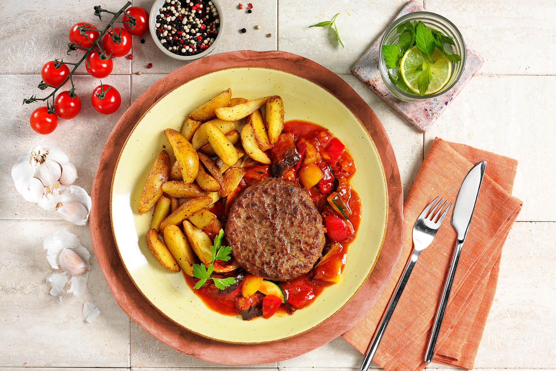 Genießen Sie Hofmanns Shop Rinderhacksteak „Mediterrano“ mit Grillgemüse und einem Getränk – Ihr Premium-Menü.