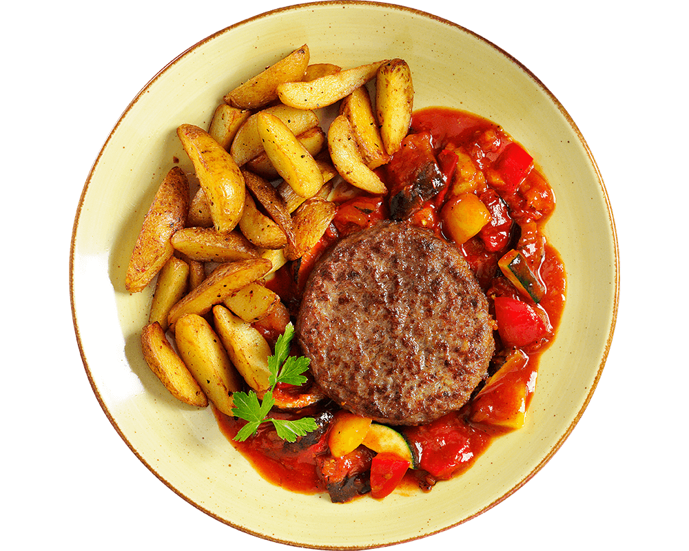 Rinderhacksteak „Mediterrano“ von Hofmanns Shop mit Kartoffelecken und mediterranem Grillgemüse-Mix.