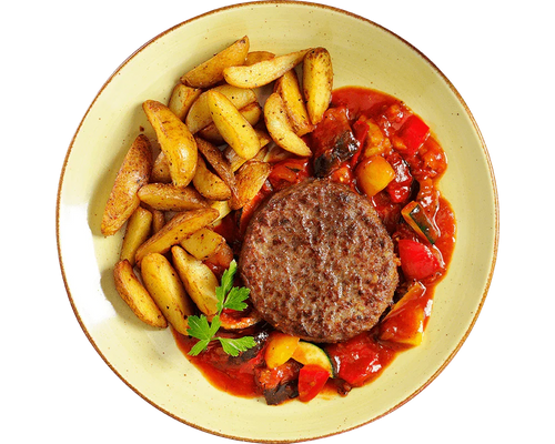 Rinderhacksteak „Mediterrano“ von Hofmanns Shop mit Kartoffelecken und mediterranem Grillgemüse-Mix.