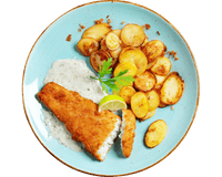Kabeljaufilet „Kräuter & Speck“ von Hofmanns Shop mit Bratkartoffeln und Kräuter-Sahne-Dip auf blauem Teller.