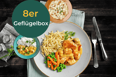 HOFMANNs Geflügel-Box: Hähnchen, Pasta, Gemüse, Reiscurry & Nudelsalat in Restaurantqualität.
