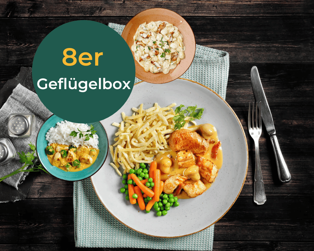 HOFMANNs Geflügel-Box: Hähnchen, Pasta, Gemüse, Reiscurry & Nudelsalat in Restaurantqualität.