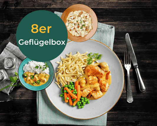 HOFMANNs Geflügel-Box: Hähnchen, Pasta, Gemüse, Reiscurry & Nudelsalat in Restaurantqualität.