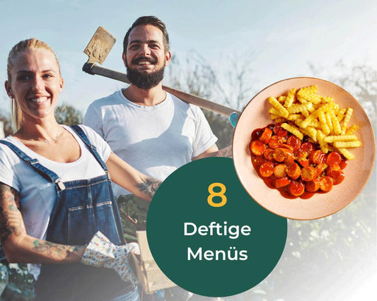 Lächelndes Paar im Freien; Einlegeteller mit Anpack-Box „Hot Chili“ von HOFMANNs; 8 herzhafte Menüs.