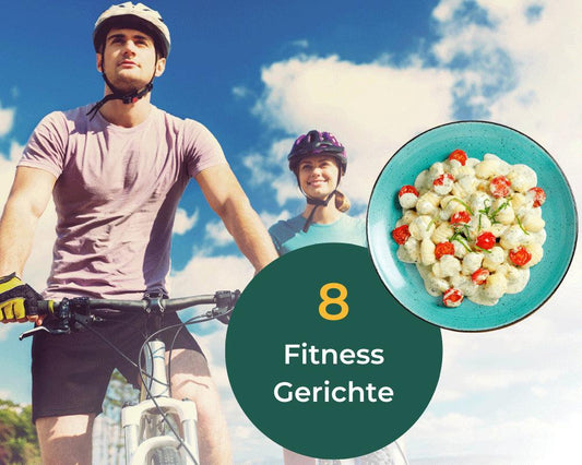 Zwei Personen fahren im Freien Fahrrad; darüber ein Teller mit HOFMANNs Fit-Box und dem Text „8 Fitness Gerichte“.