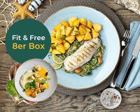 Gegrillter Fisch mit Kartoffeln und Gemüse, HOFMANNs Fit & Free-Box Promo auf einem grünen Kreis. Eiweißreich!.