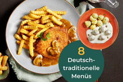 HOFMANNs Hausmannskost-Box: Teller mit Pommes, Schnitzel, Pilzsauce, Kartoffeln, Sauerbraten & Bier.