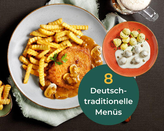 HOFMANNs Hausmannskost-Box: Teller mit Pommes, Schnitzel, Pilzsauce, Kartoffeln, Sauerbraten & Bier.