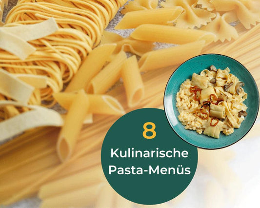 Verschiedene ungekochte HOFMANNs Pasta-Box-Sorten mit einer Schüssel Soße, Text: „8 Kulinarische Nudelgerichte“.