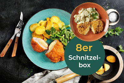 Schnitzel-Box von HOFMANNs: Schnitzel, Kartoffeln & grüne Bohnen in Restaurantqualität.