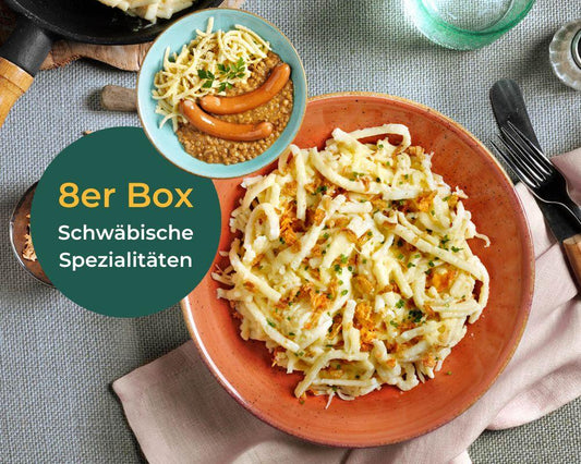 Genießen Sie Schwäbische Spezialitäten von HOFMANNs: Käsespätzle und Sieben-Schwaben-Topf mit Würstchen.