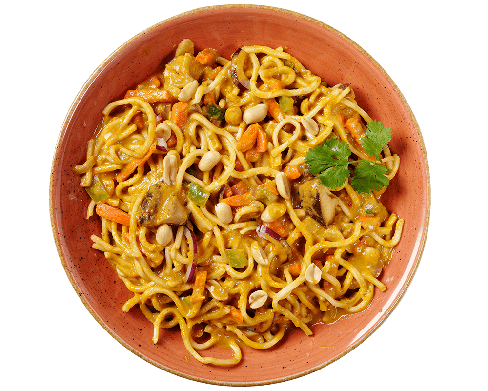 Asia-Erdnuss-Nudeln von Hofmanns Shop mit Wok-Gemüse, Kräutern, Erdnüssen und Koriandergarnitur.