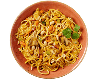 Asia-Erdnuss-Nudeln von Hofmanns Shop mit Wok-Gemüse, Kräutern, Erdnüssen und Koriandergarnitur.