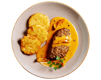 Hacksteak „Gipfelstürmer“ von Hofmanns Shop: in Sauce mit Rösti und Petersilie – ein Premiumgericht.