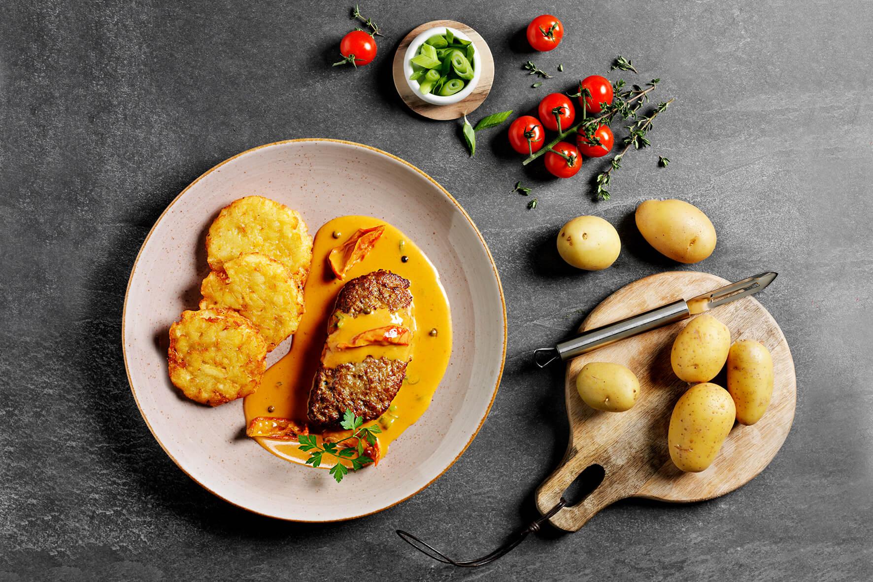 Teller mit Hofmanns Shop Hacksteak „Gipfelstürmer“, Sauce, Rösti, Tomaten, Kräutern und Kartoffeln.