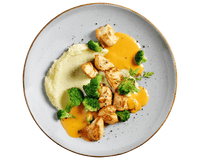 Hofmanns Shop Hähnchen „Swiss Style“ mit Brokkoli, Kartoffelpüree & Pfeffer-Käsesoße.