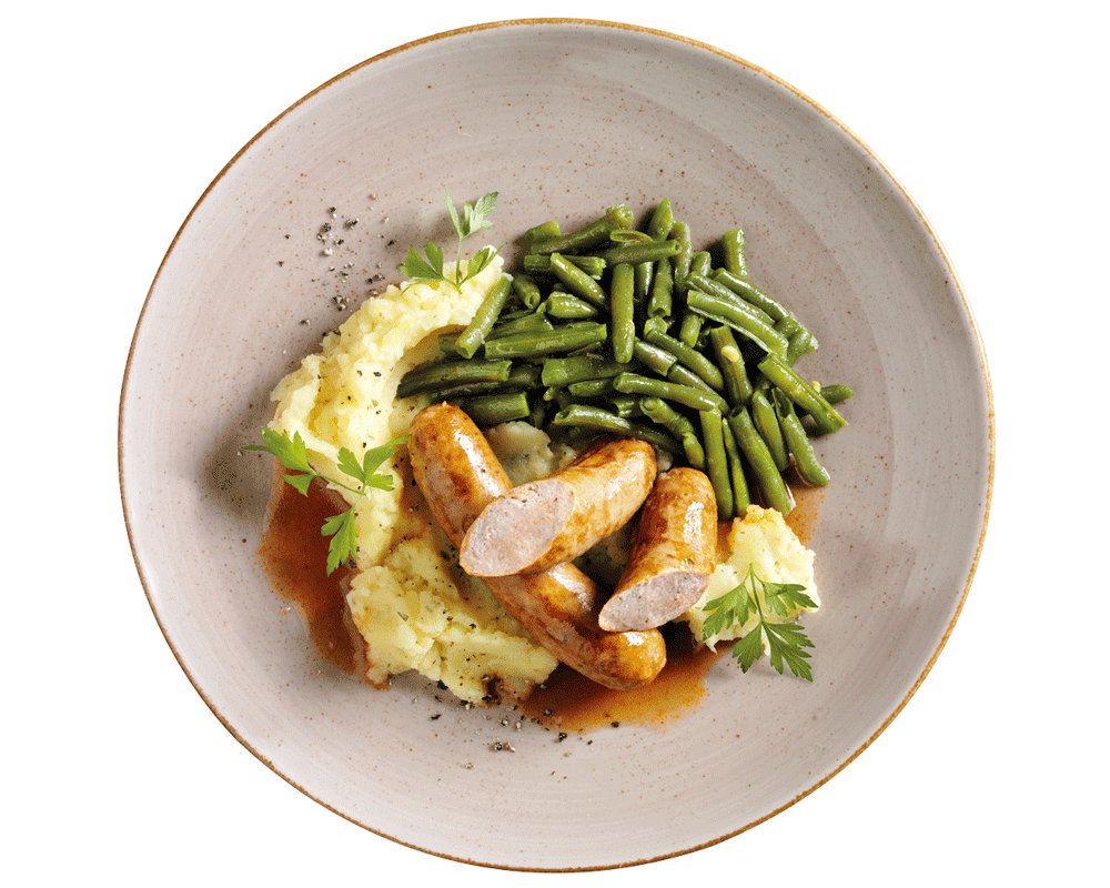Hofmanns Shop Hausmacher Bratwurst mit Bratensoße, Kartoffelpüree und grünen Bohnen – frisch serviert.