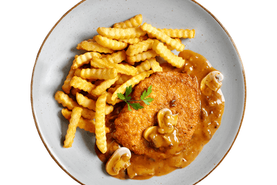 Hofmanns Shop Jägerschnitzel: paniertes Schweinefleisch mit Pilzsauce und Wellenpommes, Petersiliengarnitur.