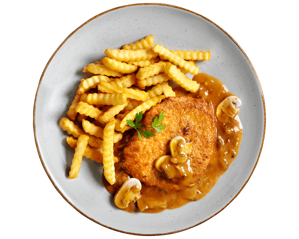 Hofmanns Shop Jägerschnitzel: paniertes Schweinefleisch mit Pilzsauce und Wellenpommes, Petersiliengarnitur.