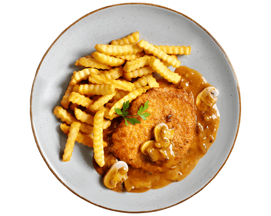 Hofmanns Shop Jägerschnitzel: paniertes Schweinefleisch mit Pilzsauce und Wellenpommes, Petersiliengarnitur.