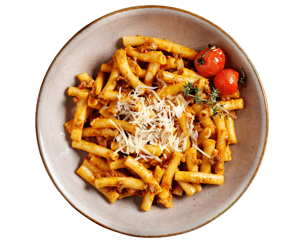 Maccaroni a la Bolognese von Hofmanns Shop – Ihr perfektes Tiefkühlgericht mit Käse und Kirschtomaten.