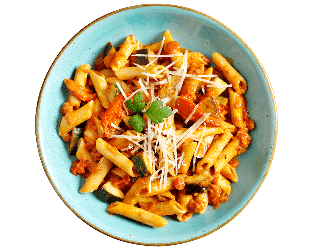 Hofmanns Shop Penne al Arrabiata: Pasta mit würziger Tomatensauce, Gemüse, Käse und Petersilie.