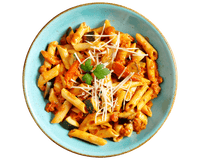 Hofmanns Shop Penne al Arrabiata: Pasta mit würziger Tomatensauce, Gemüse, Käse und Petersilie.