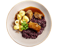 Hofmanns Shop Zwei Rinderrouladen mit Bratensoße, Apfelrotkohl, Kartoffelknödeln und Petersiliengarnitur.