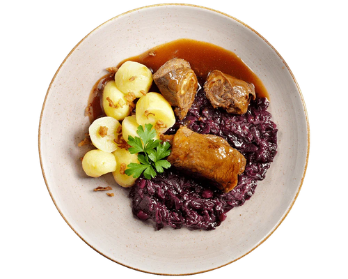 Hofmanns Shop Zwei Rinderrouladen mit Bratensoße, Apfelrotkohl, Kartoffelknödeln und Petersiliengarnitur.