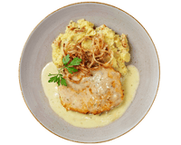 Hofmanns Shop Röstzwiebel-Schnitzel mit Kartoffelpüree, Champignon-Sahnesauce und Petersilie.