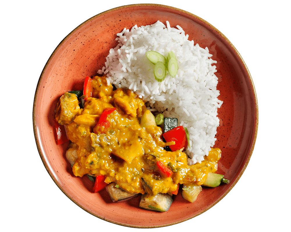 Ein Teller weißer Reis mit Rote-Linsen-Curry von Hofmanns Shop, Gemüse und geschnittenen Frühlingszwiebeln obendrauf.