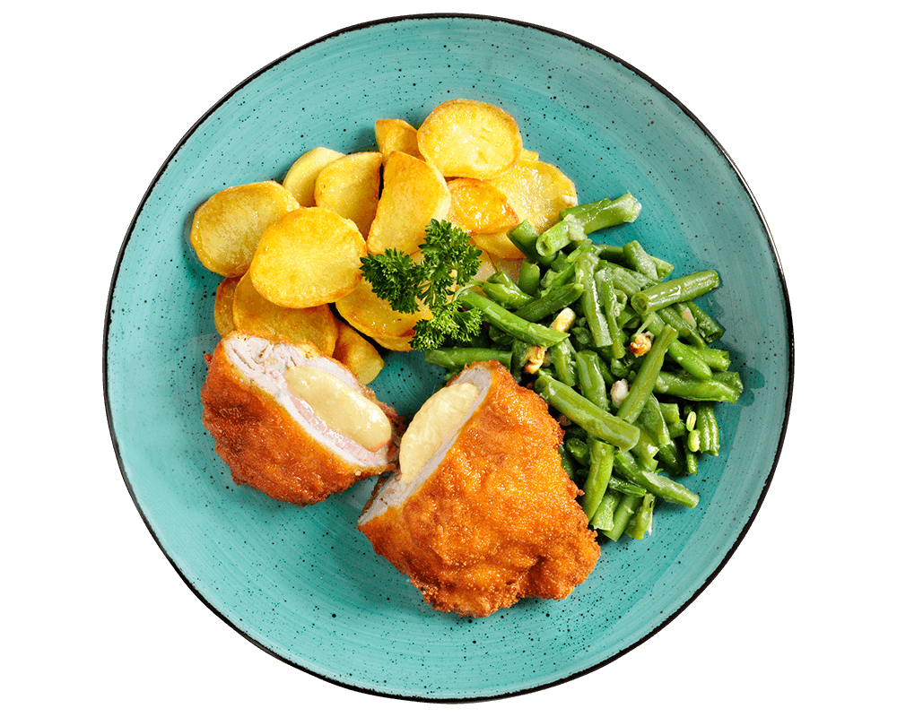 Schweineschnitzel „Cordon bleu Art“ von Hofmanns Shop – ein leckeres Tiefkühlgericht auf türkisfarbenem Teller.