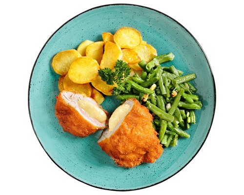 Schweineschnitzel „Cordon bleu Art“ von Hofmanns Shop – ein leckeres Tiefkühlgericht auf türkisfarbenem Teller.