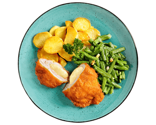 Schweineschnitzel „Cordon bleu Art“ von Hofmanns Shop – ein leckeres Tiefkühlgericht auf türkisfarbenem Teller.