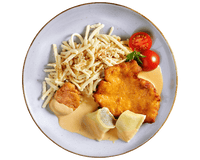 Sieben-Schwaben-Topf von Hofmanns Shop: paniertes Schnitzel, Sahnesauce, Spätzle, Tomaten, Artischocken.