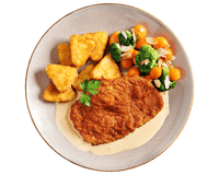 Hofmanns Shop Zartes Kalbsschnitzel paniert mit Rahmsoße, Rösti-Ecken & Mandel-Gemüse.
