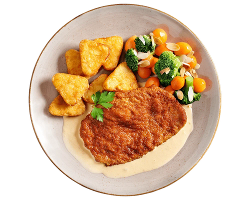 Hofmanns Shop Zartes Kalbsschnitzel paniert mit Rahmsoße, Rösti-Ecken & Mandel-Gemüse.