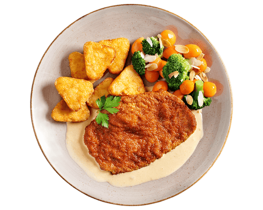 Hofmanns Shop Zartes Kalbsschnitzel paniert mit Rahmsoße, Rösti-Ecken & Mandel-Gemüse.